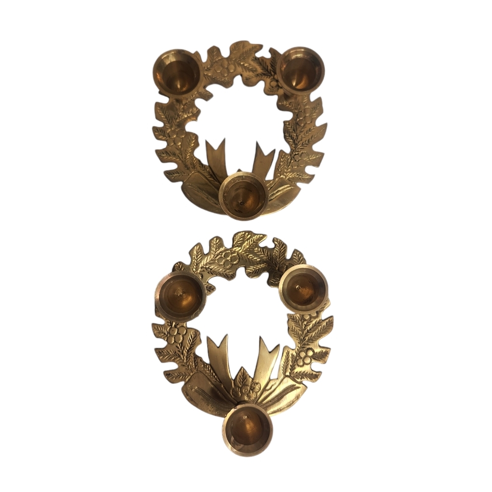 Vintage Brass Christmas Holly Wreath Taper Candle Holders MCM